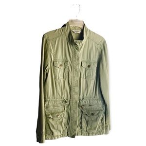 𝅺LL Bean Olive Green Utility Cargo Jacket Snaps Zipper Drawstring Size S